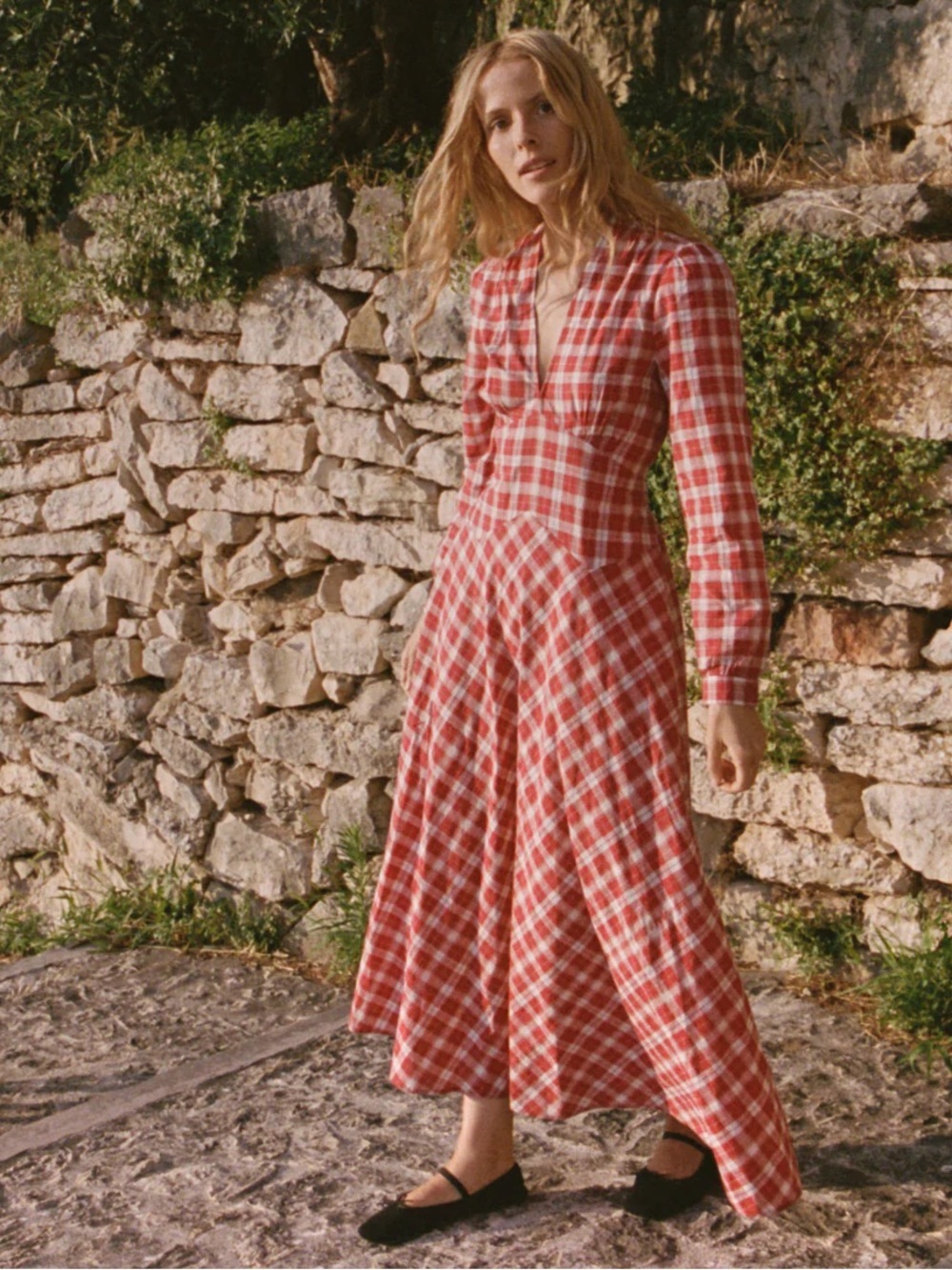 NWT Doen Charleston Cotton V Neck Long Sleeve A Line Maxi Dress Alsace Plaid Red - Picture 5 of 16